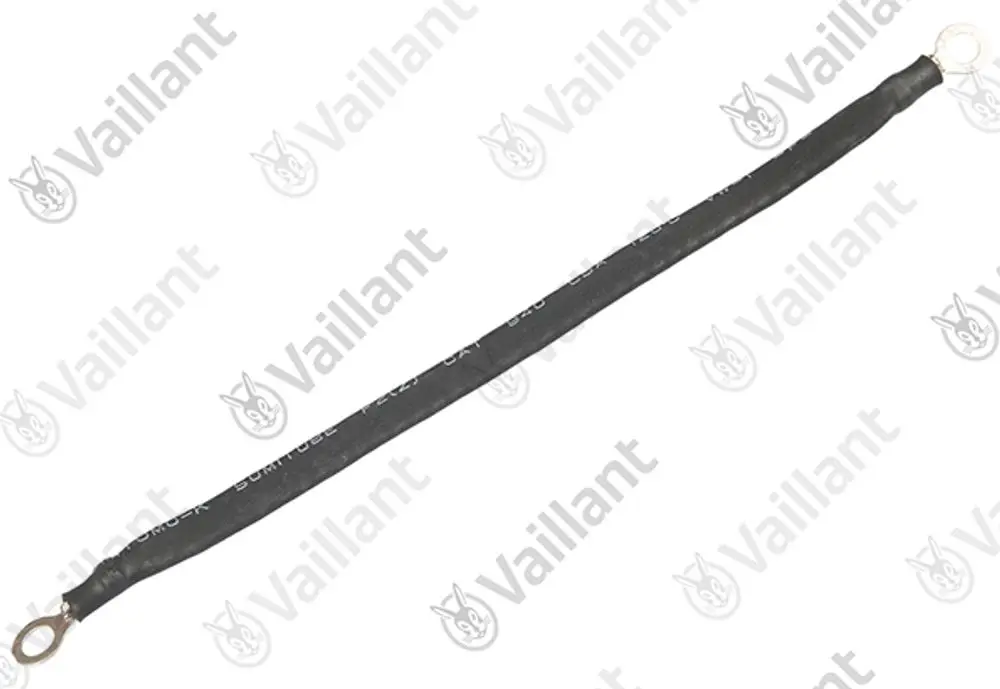 Schutzleiterkabel mit zwei Ringösen, gekennzeichnet mit der Marke Vaillant, für elektrische Anwendungen. Das Kabel hat eine Schutzummantelung.
